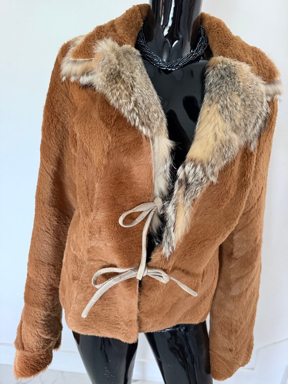 Vintage Genuine Fur Jacket Brown Contrast Fur Lapel Tie Front Boho 70s